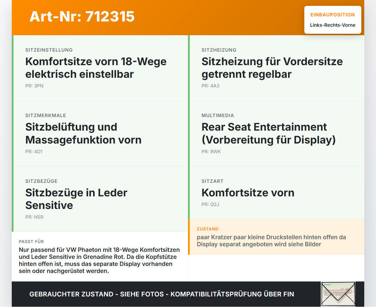 VW Phaeton 3D 01-07 Lang Leder Kopfstütze für Beifahrer Sitz Rechts oder Links Vorne Grenadine Rot VW Phaeton 3D... Vorschau 3