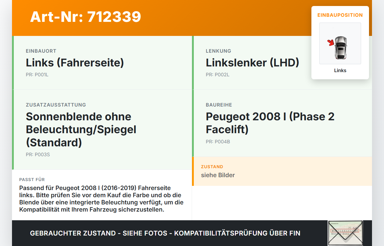 Peugeot 2008 I 16-19 Sonnenblende Links für Fahrer Peugeot 2008 I 16-19 23.01.2017 gebraucht Vorschau 3