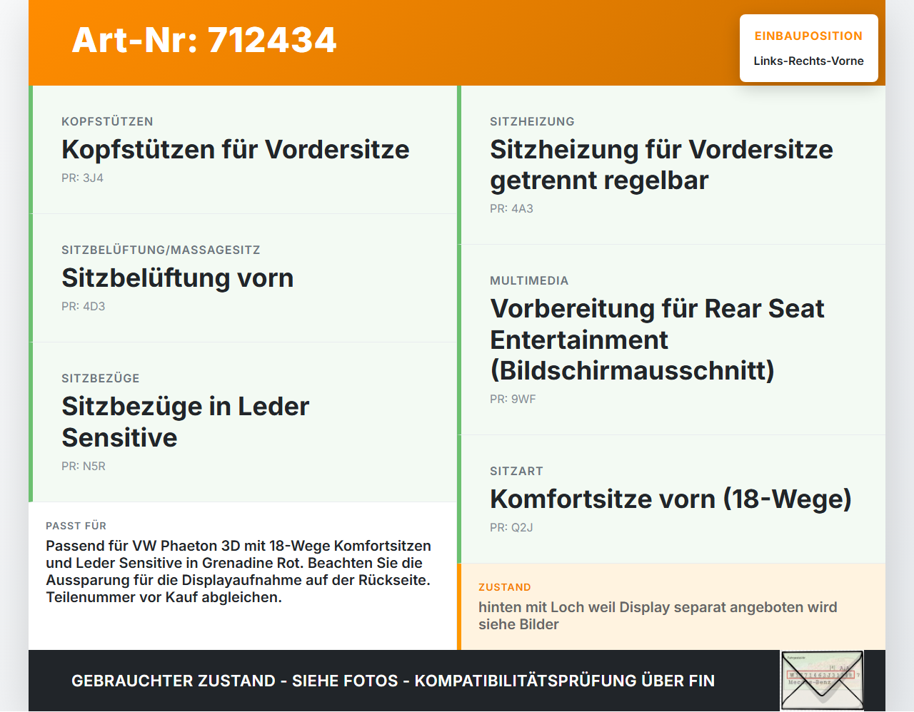 VW Phaeton 3D 01-07 Leder Kopfstütze für Fahrer Sitz Rechts oder Links Vorne Grenadine Rot VW Phaeton 3D 01-07... Vorschau 3