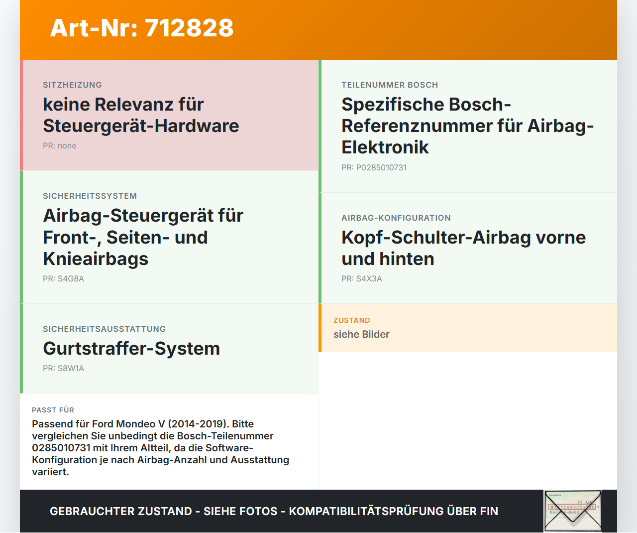 Ford Mondeo V 14-19 Airbag Steuergerät Airbagsteuergerät Ford Mondeo V 14-19 03.05.2014 DS7T-14B321-AE 0285010731... Vorschau 3