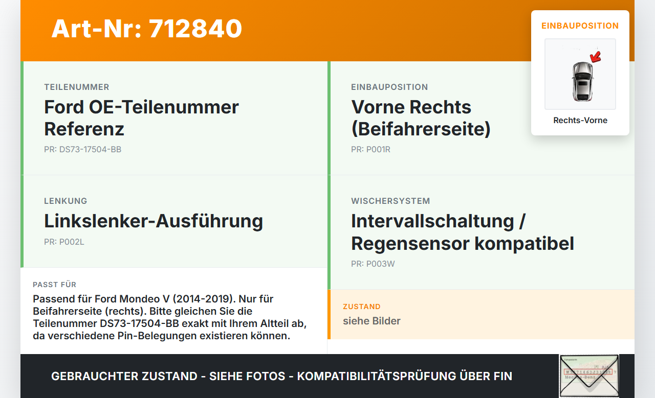 Ford Mondeo V 14-19 Wischermotor Vorne Rechts Ford Mondeo V 14-19 03.05.2014 DS73-17504-BB W00031199 gebraucht Vorschau 3