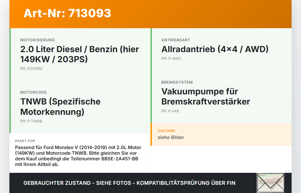 Ford Mondeo V 14-19 2,0 149KW TNWB Unterdruckpumpe Vakuumpumpe Ford Mondeo V 14-19 03.05.2014 BBSE-2A451-BB gebraucht Vorschau 3
