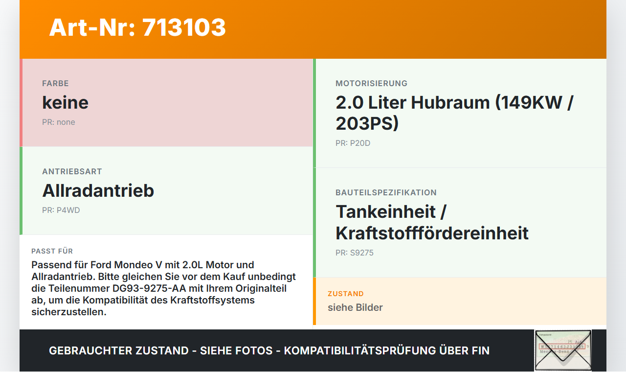 Ford Mondeo V 14-19 2,0 149KW Tankgeber Tankeinheit Ford Mondeo V 14-19 03.05.2014 DG93-9275-AA gebraucht Vorschau 3