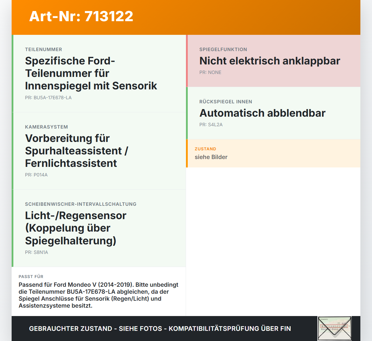 Ford Mondeo V 14-19 Innenspiegel Rückspiegel Spiegel Innen Ford Mondeo V 14-19 03.05.2014 BU5A-17E678-LA gebraucht Vorschau 3
