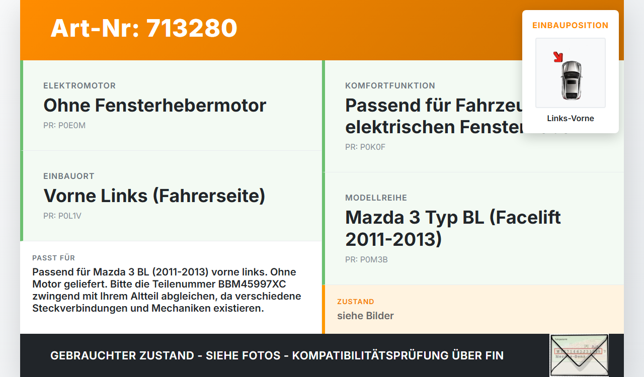 Mazda 3 BL 11-13 Fensterheber o. FH-Motor Links Vorne Mazda 3 BL 11-13 05.05.2011 BBM45997XC gebraucht Vorschau 3