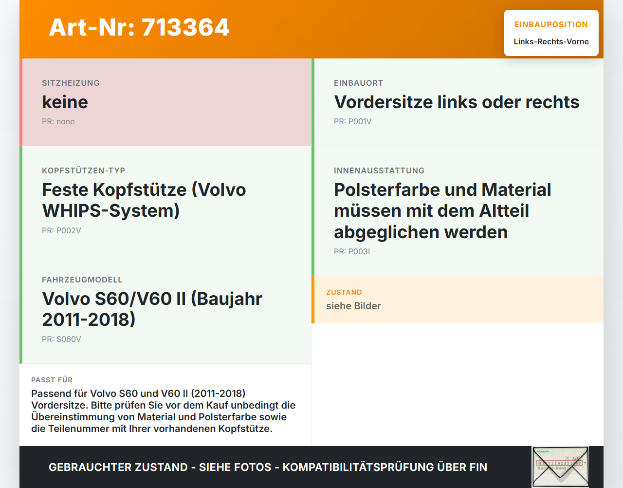 Volvo S60 V60 II 11-18 Lim Kopfstütze für Beifahrer Sitz Rechts oder Links Vorne Volvo S60 V60 II 11-18 28.12.2010... Vorschau 3