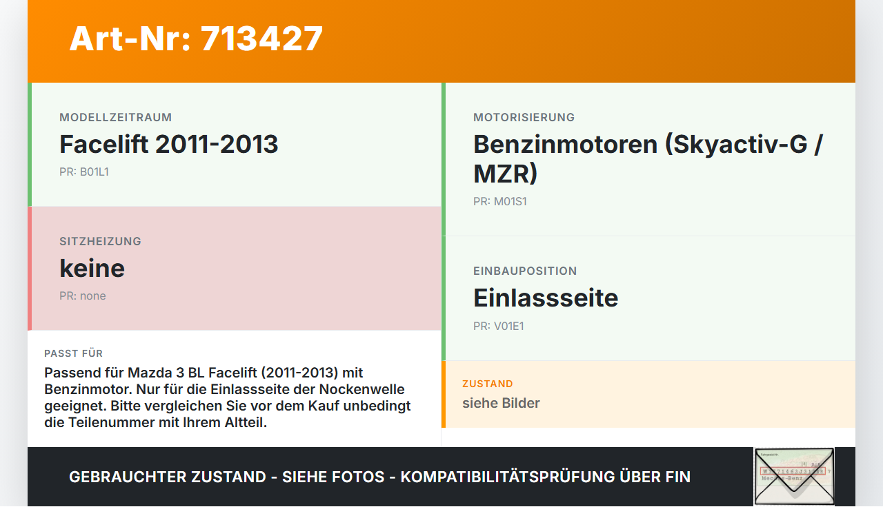 Mazda 3 BL 11-13 MZR 2,0 108KW Nockenwellenverstellung Nockenwelle Verstellung Einlass Mazda 3 BL 11-13 05.05.2011... Vorschau 3