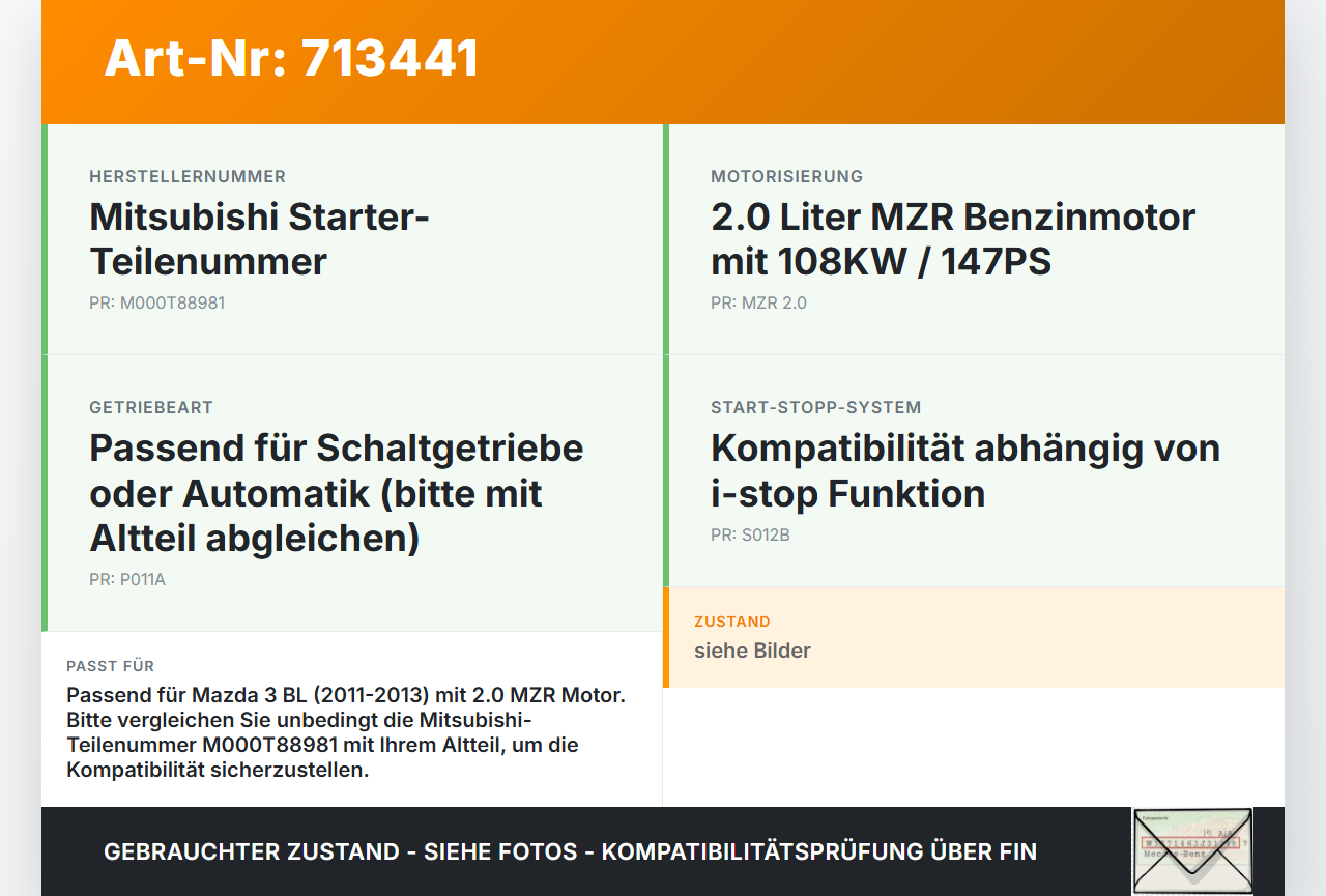 Mazda 3 BL 11-13 MZR 2,0 108KW Anlasser Starter Mazda 3 BL 11-13 05.05.2011 M000T88981 gebraucht Vorschau 3
