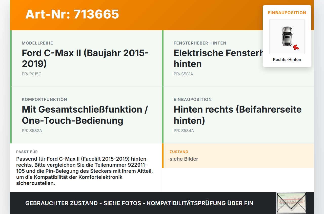 Ford C-Max II 15-19 Fensterhebermotor mit Fensterheber Rechts Hinten Ford C-Max II 15-19 12.07.2016 AM51-R27000-BE... Vorschau 3