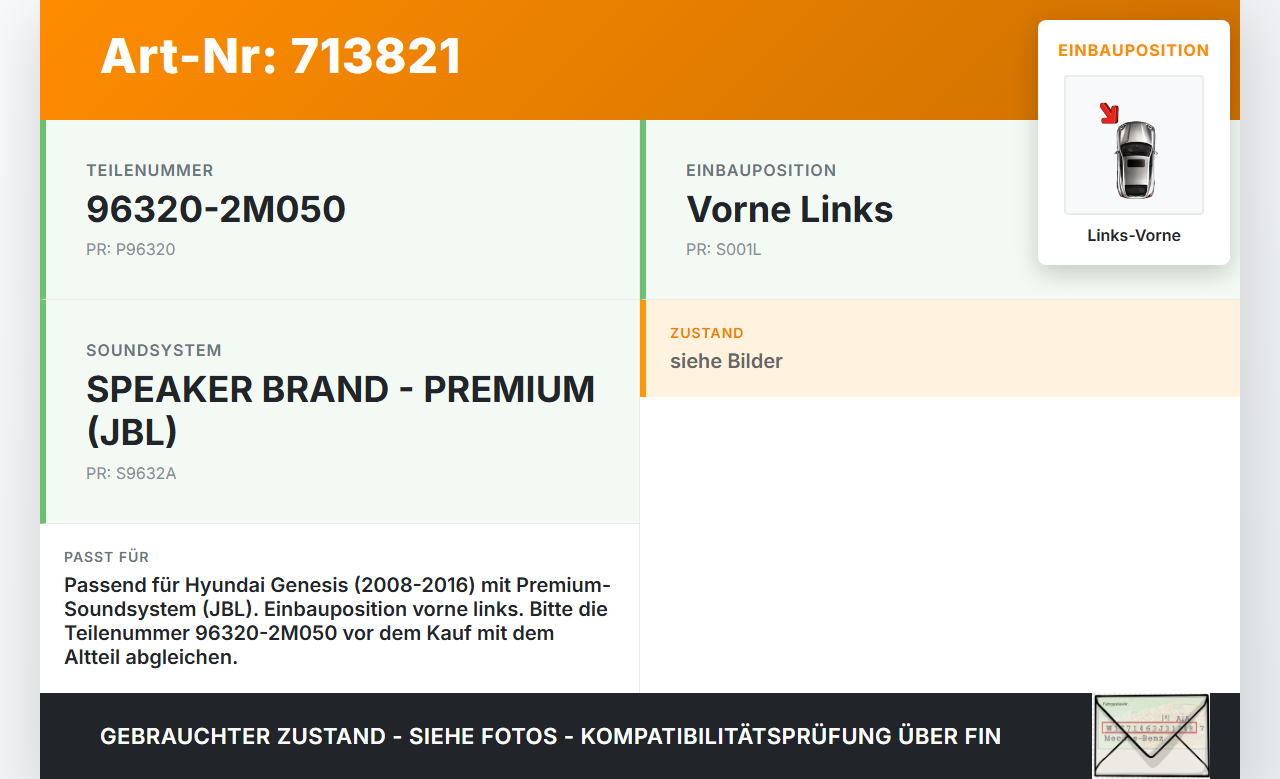 Hyundai Genesis 08-16 Lautsprecher Links Vorne Orig. JBL Hyundai Genesis 08-16 08.08.2011 96320-2M050 8927009301A... Vorschau 3