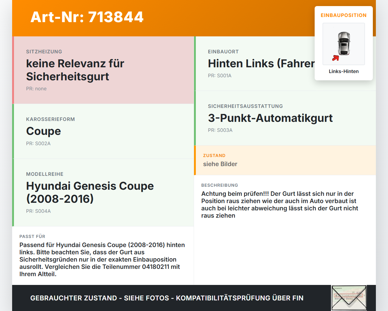 Hyundai Genesis 08-16 Coupe Gurt Sicherheitsgurt Links Hinten Hyundai Genesis 08-16 08.08.2011 616861700B 04180211... Vorschau 3