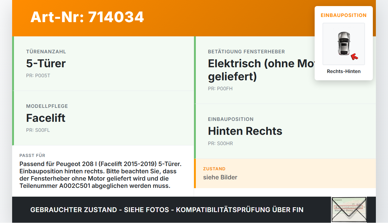 Peugeot 208 I 15-19 5T Fensterheber o. FH-Motor Hinten Rechts Peugeot 208 I 15-19 01.12.2015 9673153880 A002C501... Vorschau 3