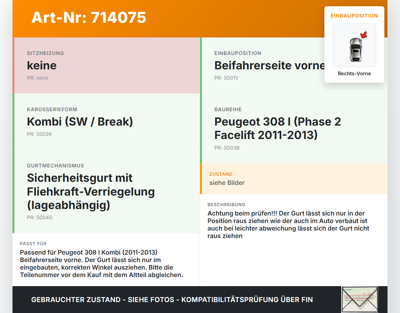Peugeot 308 I 11-13 Kombi Gurt Sicherheitsgurt Gurtstraffer für Beifahrer Rechts Vorne Peugeot 308 I 11-13... Vorschau 3