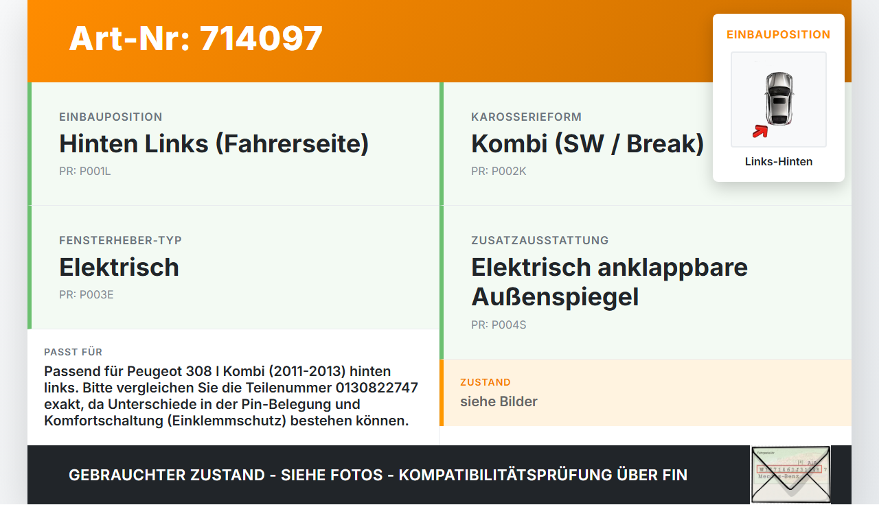 Peugeot 308 I 11-13 Kombi Fensterhebermotor mit Fensterheber Links Hinten Peugeot 308 I 11-13 08.02.2012 0130822747... Vorschau 3