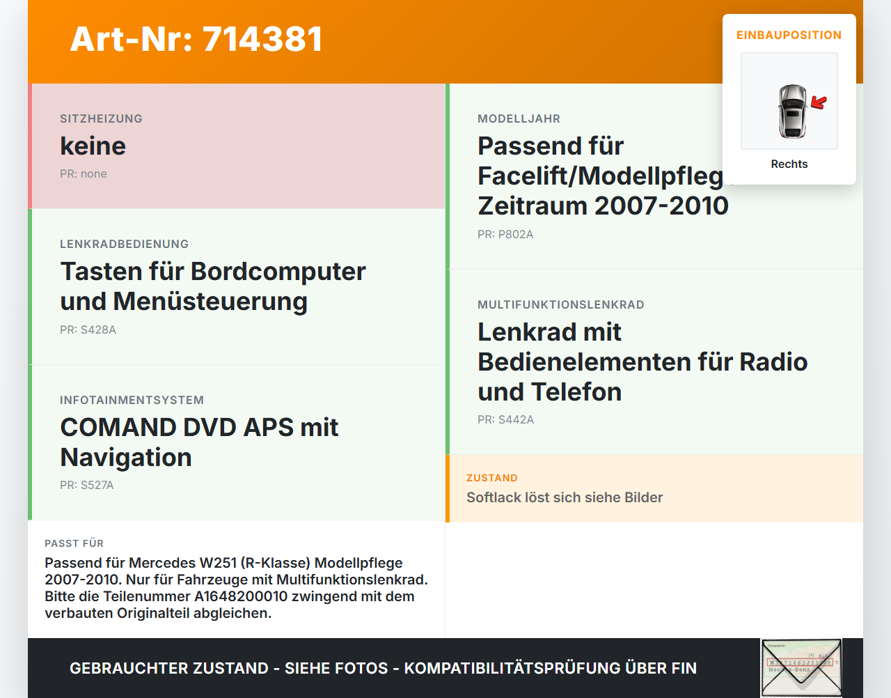 Mercedes W251 R350 07-10 Lenkradschalter Multifunktionstasten Lenkrad Schalter Rechts Mercedes W251 R350 07-10... Vorschau 3