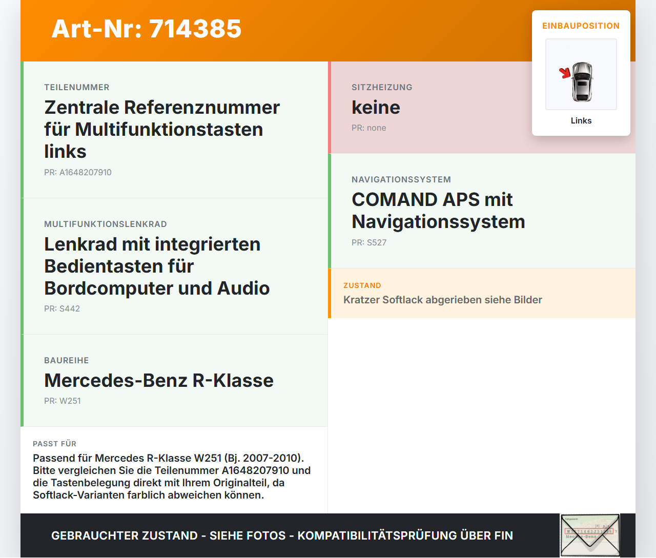 Mercedes W251 R350 07-10 Lenkradschalter Multifunktionstasten Lenkrad Schalter Links Mercedes W251 R350 07-10... Vorschau 3