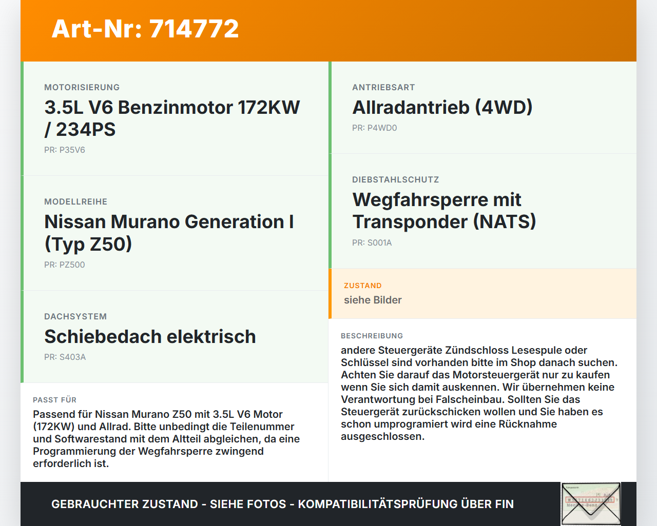 Nissan Murano I Z50 02-08 3,5 172KW Steuergerät ECU für Motor Motorsteuergerät Nissan Murano I Z50 02-08 02.05.2006... Vorschau 3