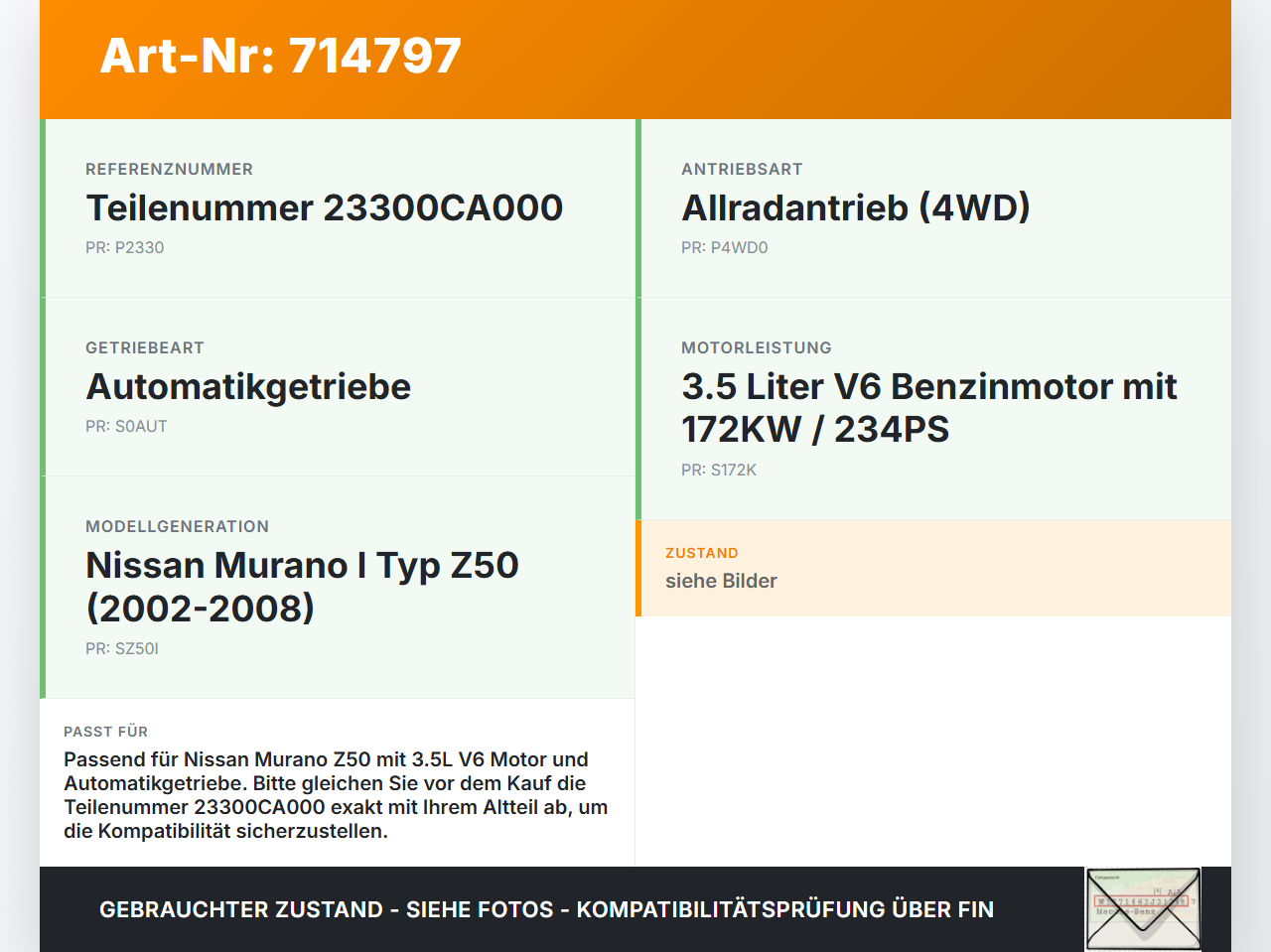 Nissan Murano I Z50 02-08 3,5 172KW Autom Anlasser Starter Nissan Murano I Z50 02-08 02.05.2006 23300CA000... Vorschau 3
