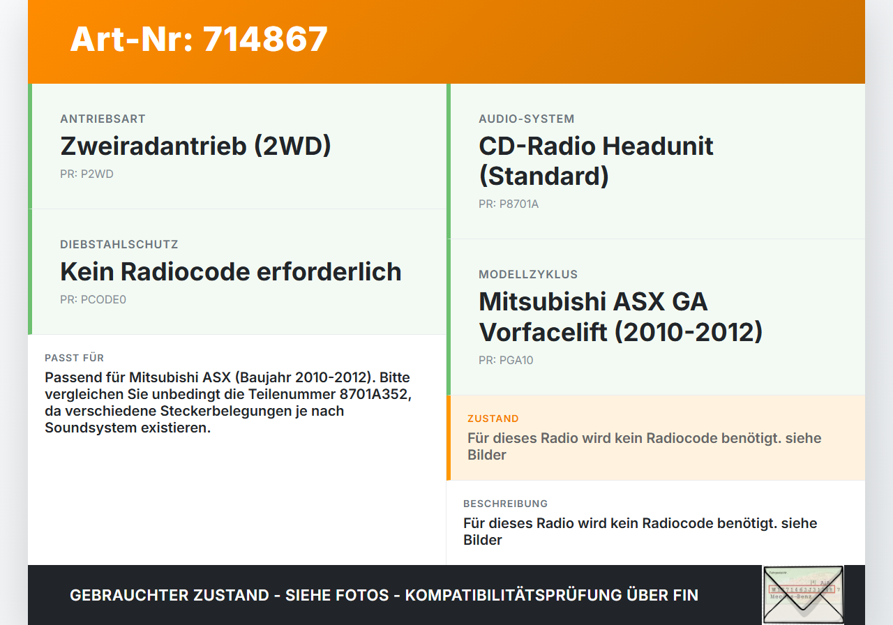 Mitsubishi ASX GA 10-12 Autoradio CD-Radio Mitsubishi ASX GA 10-12 15.04.2010 8701A352 gebraucht Vorschau 3