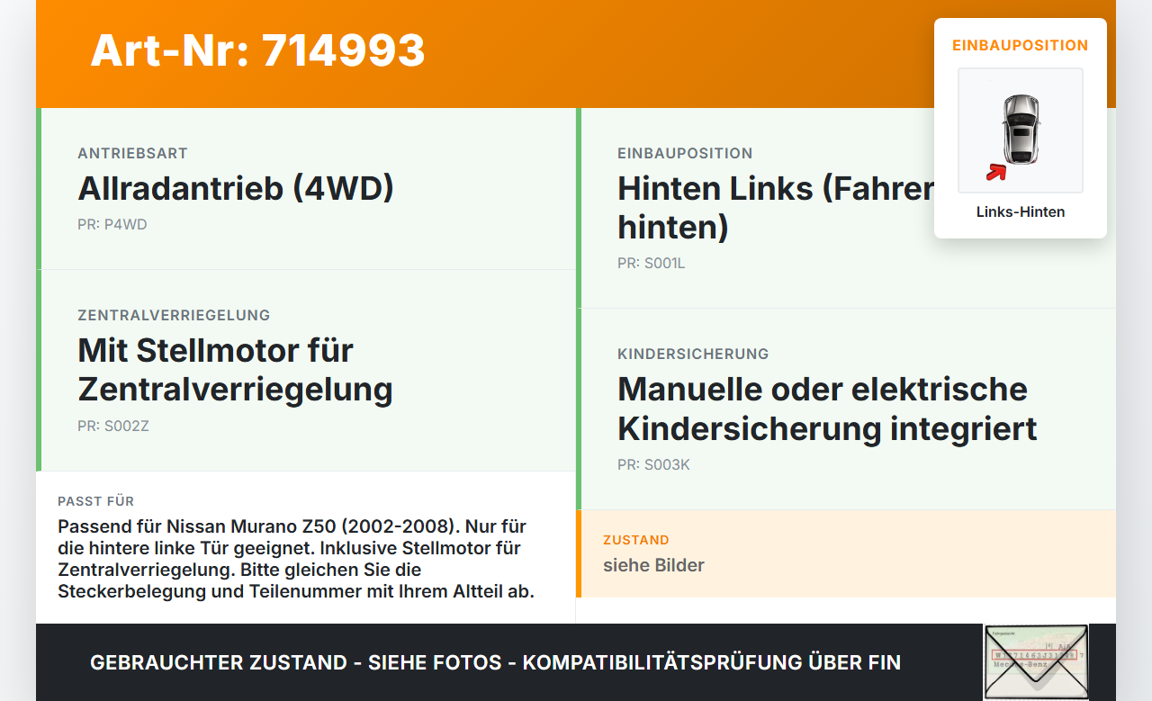 Nissan Murano I Z50 02-08 Türschloss m. ZV Stellmotor Links Hinten Nissan Murano I Z50 02-08 02.05.2006 gebraucht Vorschau 3