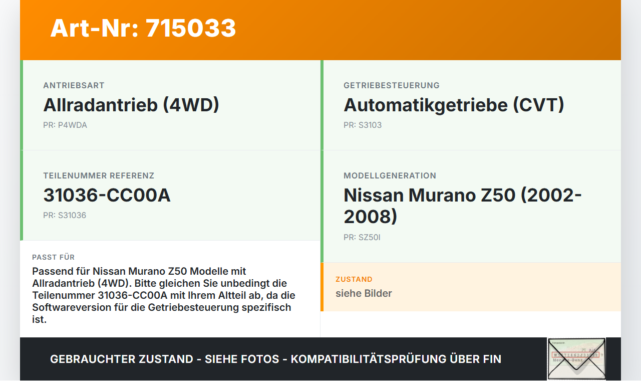 Nissan Murano I Z50 02-08 Steuergerät SG Automatik Getriebe Nissan Murano I Z50 02-08 02.05.2006 31036-CC00A... Vorschau 3