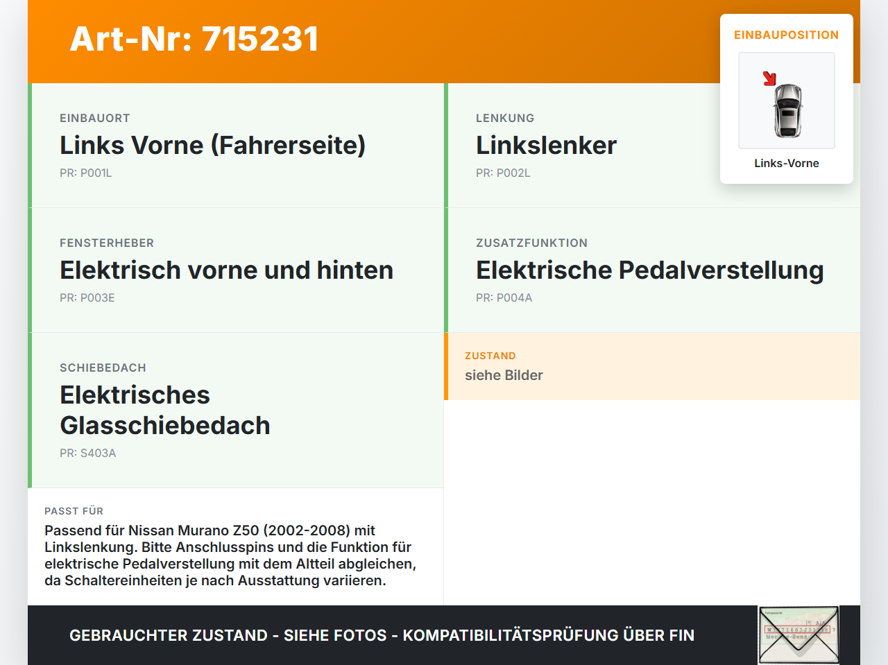 Nissan Murano I Z50 02-08 Fensterheberschalter Schalter Links Vorne Nissan Murano I Z50 02-08 02.05.2006 10034858... Vorschau 3