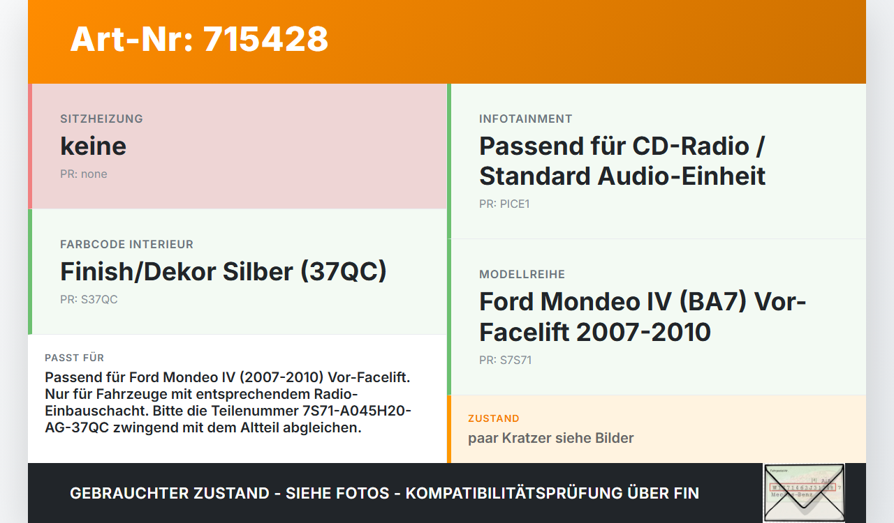 Ford Mondeo IV 4 07-10 Blende Einbaurahmen Ford Mondeo IV 4 07-10 21.05.08 7S71-A045H20-AG-37QC gebraucht Vorschau 3