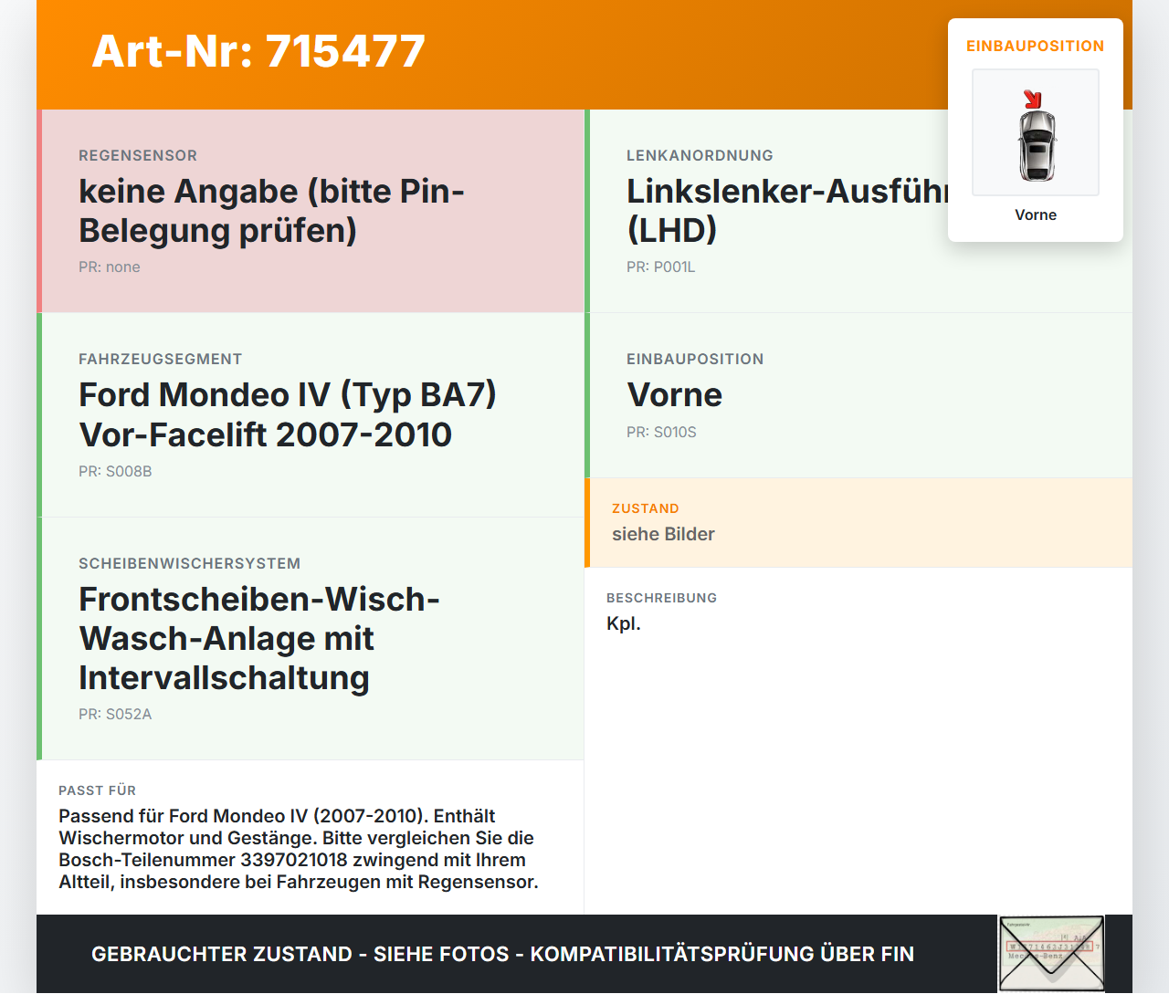 Ford Mondeo IV 4 07-10 Wischermotor m. Wischergestänge Vorne Ford Mondeo IV 4 07-10 21.05.08 7S71-17508-AA... Vorschau 3