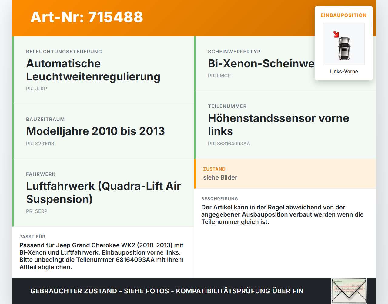 Jeep Grand Cherokee WK2 10-13 Xenon LWR Sensor Neigung Links Vorne Jeep Grand Cherokee WK2 10-13 04.03.2013... Vorschau 3