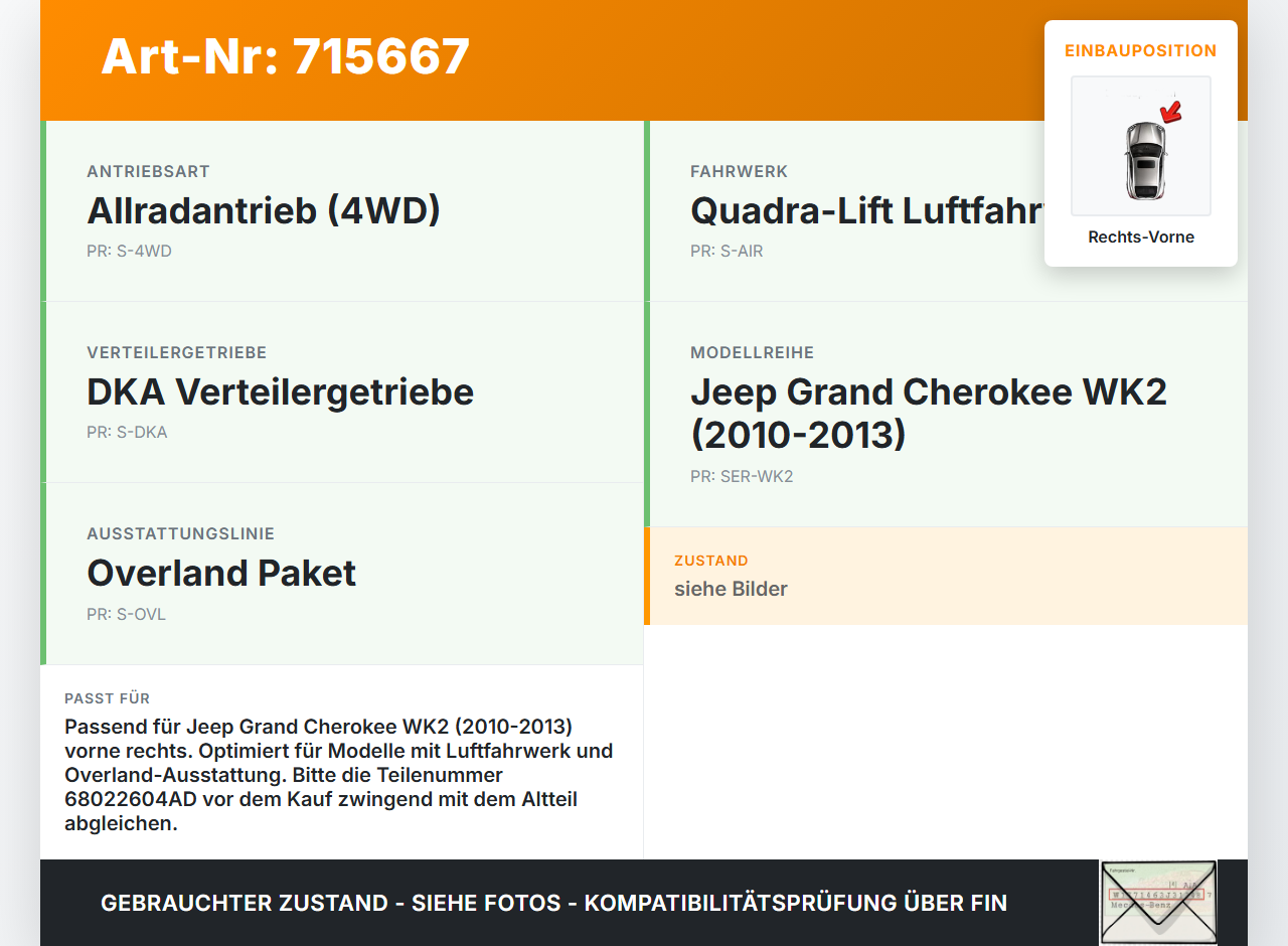 Jeep Grand Cherokee WK2 10-13 Querlenker Rechts Vorne Jeep Grand Cherokee WK2 10-13 04.03.2013 68022604AD gebraucht Vorschau 3