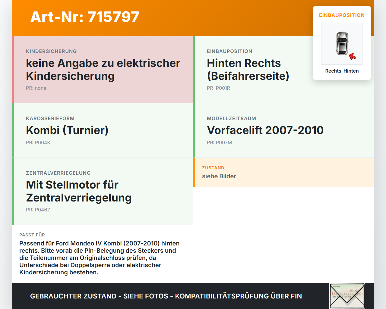 Ford Mondeo IV 4 07-10 Kombi Schrgh Türschloss m. ZV Stellmotor Rechts Hinten Ford Mondeo IV 4 07-10 21.05.08... Vorschau 3