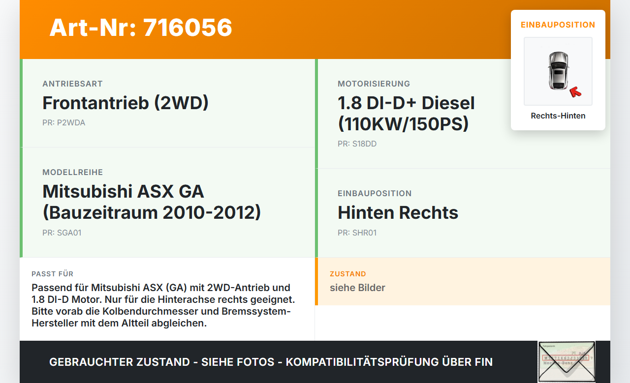 Mitsubishi ASX GA 10-12 DI-D+ 1,8 110KW Bremssattel Bremszange Hinten Rechts Mitsubishi ASX GA 10-12 15.04.2010... Vorschau 3
