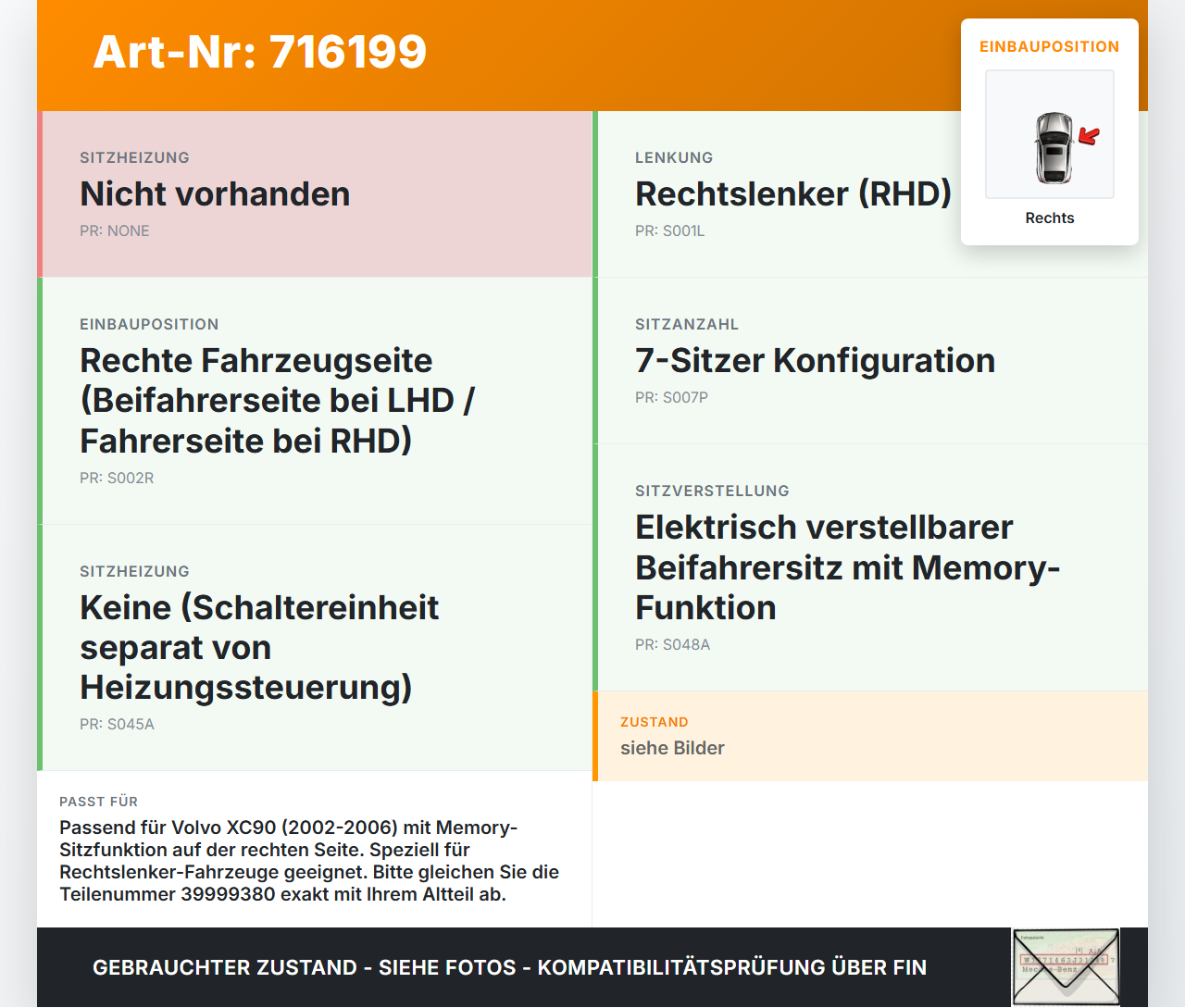 Volvo XC90 02-06 Sitzverstellung Schalter Rechts Memory Volvo XC90 02-06 19.05.2004 39999380 gebraucht Vorschau 3