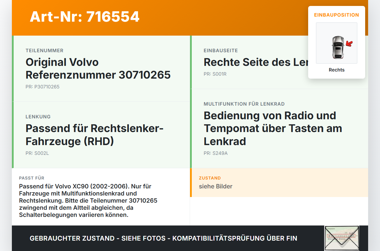 Volvo XC90 02-06 Lenkradschalter Multifunktionstasten Schalter für Lenkrad Rechts Volvo XC90 02-06 19.05.2004... Vorschau 3