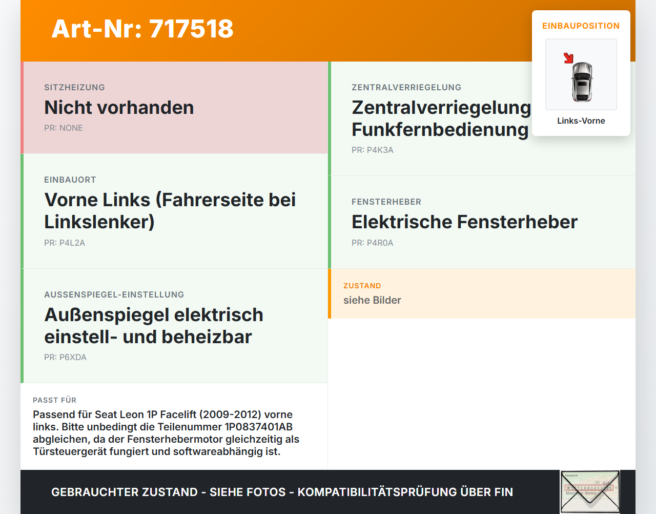 Seat Leon II 1P 09-12 Fensterhebermotor Links Vorne Seat Leon II 1P 09-12 31.05.2012 1P0837401AB 983601-511 gebraucht Vorschau 3