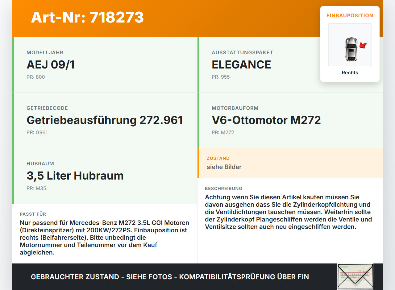 Mercedes S204 C350 08-11 CGI 3,5 200KW 272961 Zylinderkopf Rechts Mercedes S204 C350 08-11 17.03.2009 gebraucht Vorschau 3