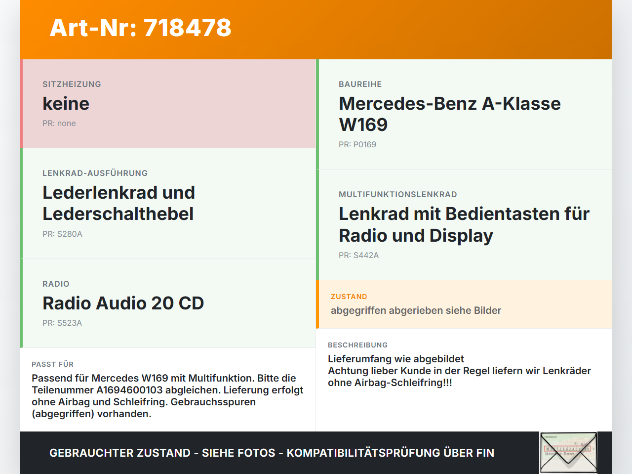 Mercedes W169 A150 04-08 Lenkrad Airbaglenkrad Mercedes W169 A150 04-08 26.10.2005 A1694600103 1015339940 gebraucht Vorschau 3