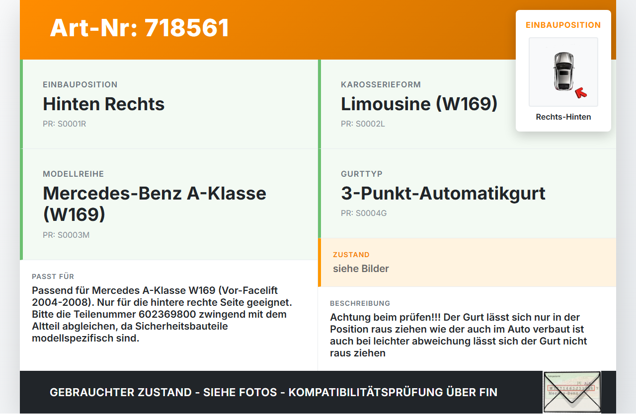 Mercedes W169 A150 04-08 Lim Gurt Sicherheitsgurt Rechts Hinten Mercedes W169 A150 04-08 26.10.2005 1698600685 gebraucht Vorschau 3