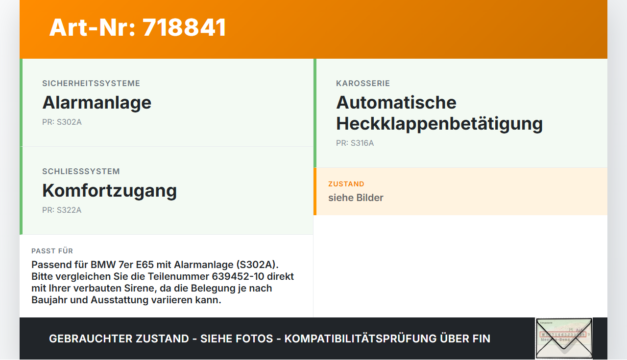 BMW 7er E65 760i 02-05 Alarmanlage Alarm Summer Sirene mit Notspeicher BMW 7er E65 760i 02-05 03.07.2002 1639452... Vorschau 3