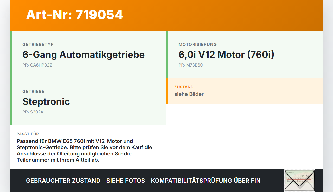 BMW 7er E65 760i 02-05 6,0i 327KW Öl Schlauch Ölleitung für Getriebe BMW 7er E65 760i 02-05 03.07.2002 gebraucht Vorschau 3