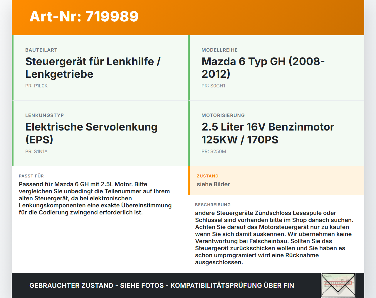 Mazda 6 GH 08-12 2,5 16V 125KW Steuergerät ECU für Lenkhilfe Lenkgetriebe Mazda 6 GH 08-12 30.04.2008 GS1D-67880... Vorschau 3