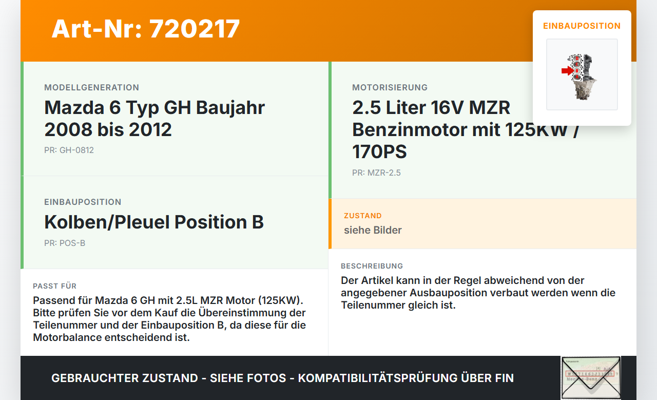 Mazda 6 GH 08-12 2,5 16V 125KW MZR Kolben mit Pleuel Pos B Mazda 6 GH 08-12 30.04.2008 gebraucht Vorschau 3