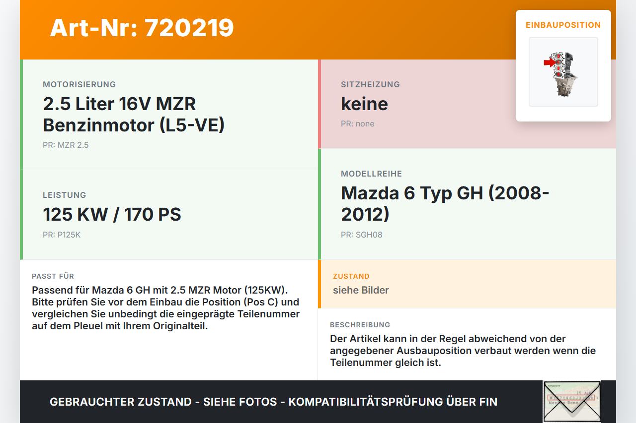 Mazda 6 GH 08-12 2,5 16V 125KW MZR Kolben mit Pleuel Pos C Mazda 6 GH 08-12 30.04.2008 gebraucht Vorschau 3