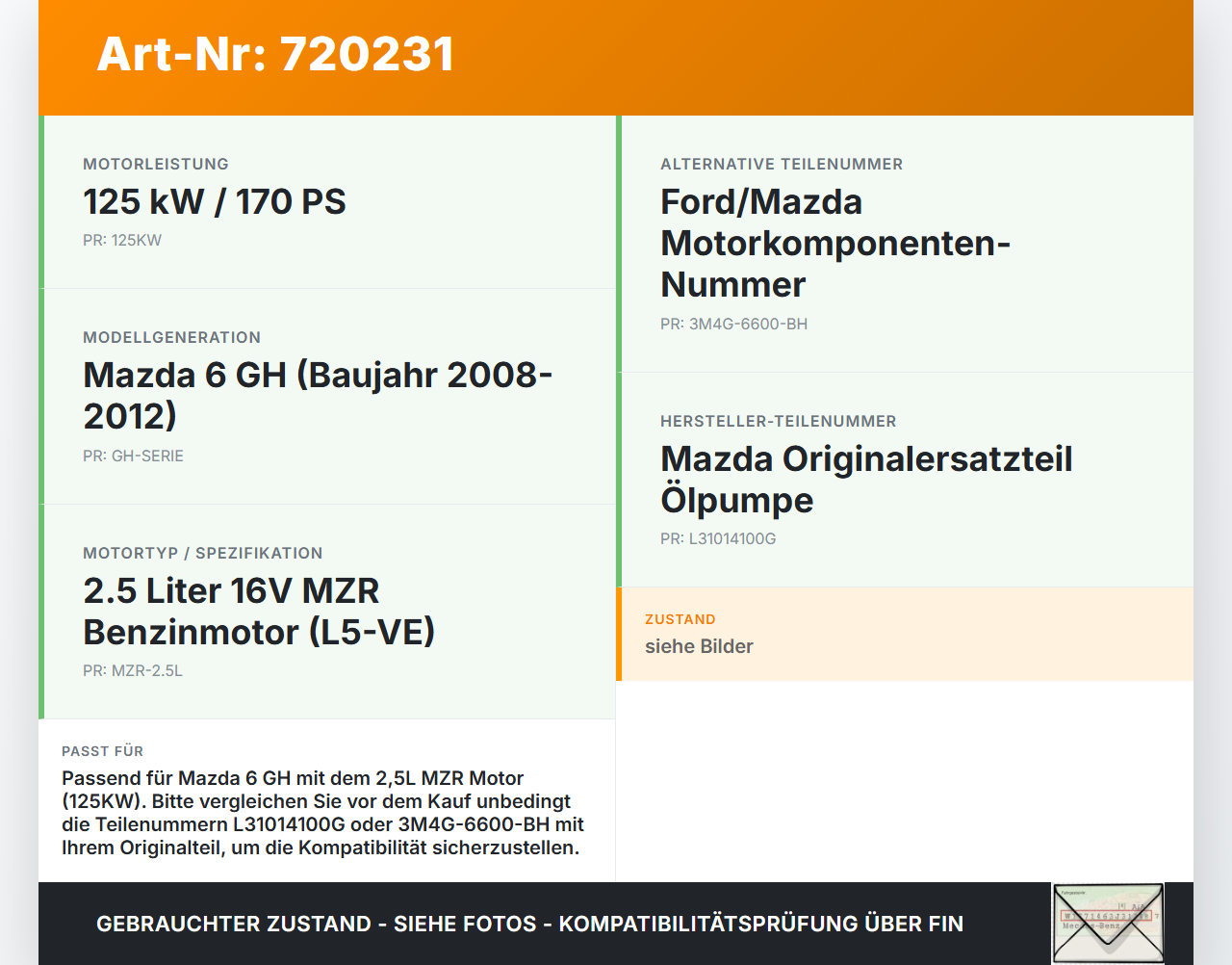 Mazda 6 GH 08-12 2,5 16V 125KW MZR Ölpumpe Mazda 6 GH 08-12 30.04.2008 3M4G-6600-BH gebraucht Vorschau 3