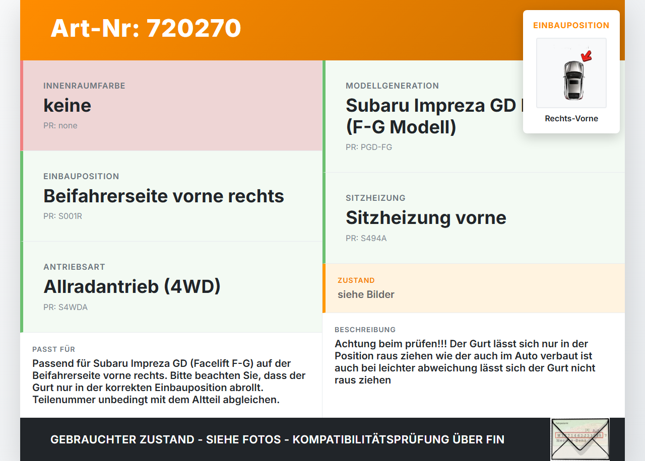 Subaru Impreza GD F-G 05-07 Kombi Gurt Sicherheitsgurt Gurtstraffer Beifahrer Rechts Vorne Subaru Impreza GD F-G... Vorschau 3