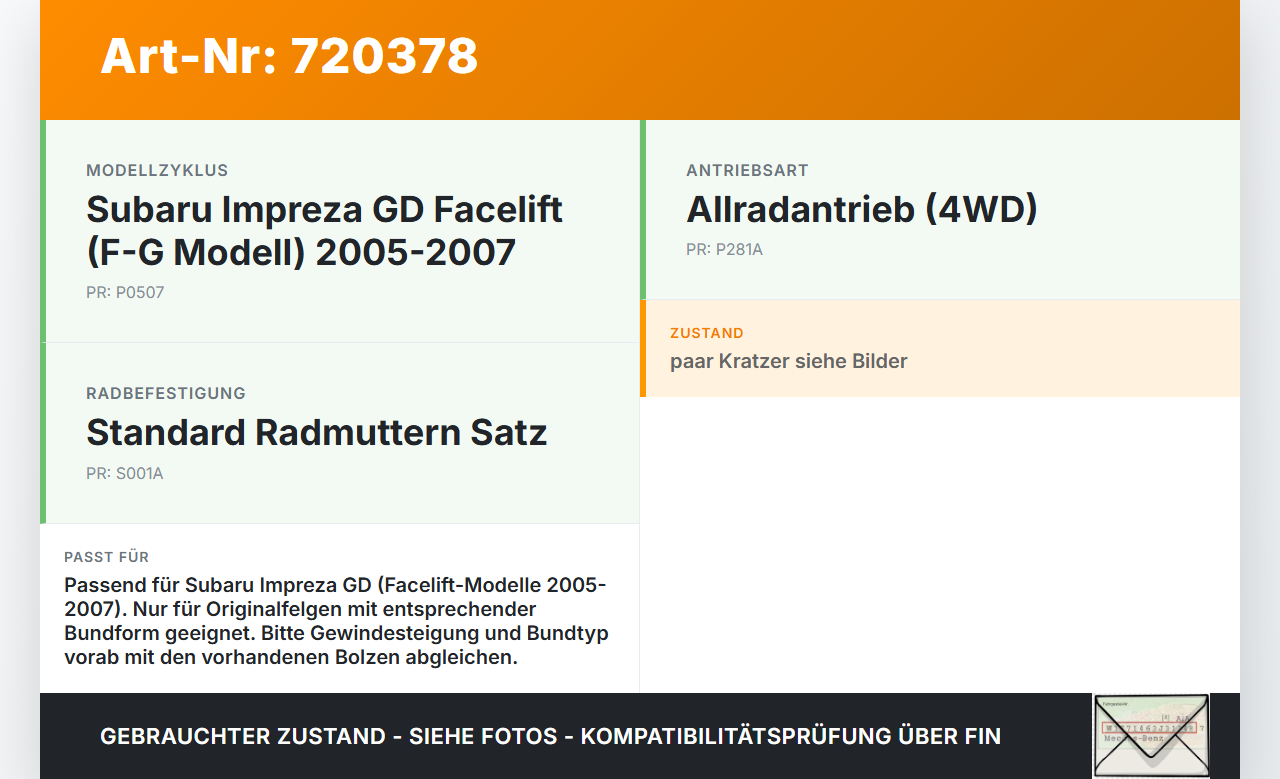 Subaru Impreza GD F-G 05-07 Satz Radmuttern Muttern Radbolzen Subaru Impreza GD F-G 05-07 02.01.2007 gebraucht Vorschau 3