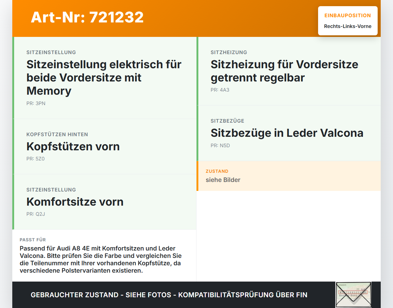 Audi A8 4E D3 02-05 Kopfstütze für Fahrer Sitz Rechts oder Links Vorne Audi A8 4E D3 02-05 10.05.2004 gebraucht Vorschau 3