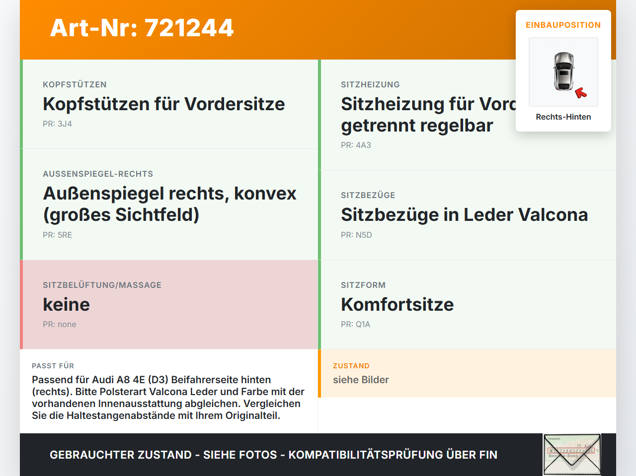 Audi A8 4E D3 02-05 Stufenheck Kopfstütze für Beifahrer Sitz Rechts Hinten Audi A8 4E D3 02-05 10.05.2004 gebraucht Vorschau 3