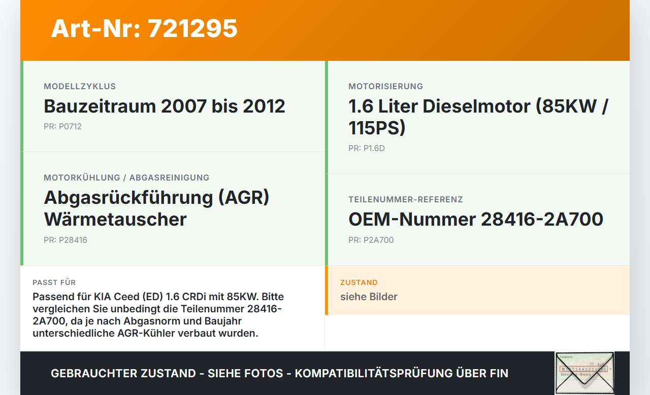 KIA Ceed 07-12 1,6 85KW Abgaskühlung Wärmetauscher KIA Ceed 07-12 11.11.2009 28416-2A700 gebraucht Vorschau 3