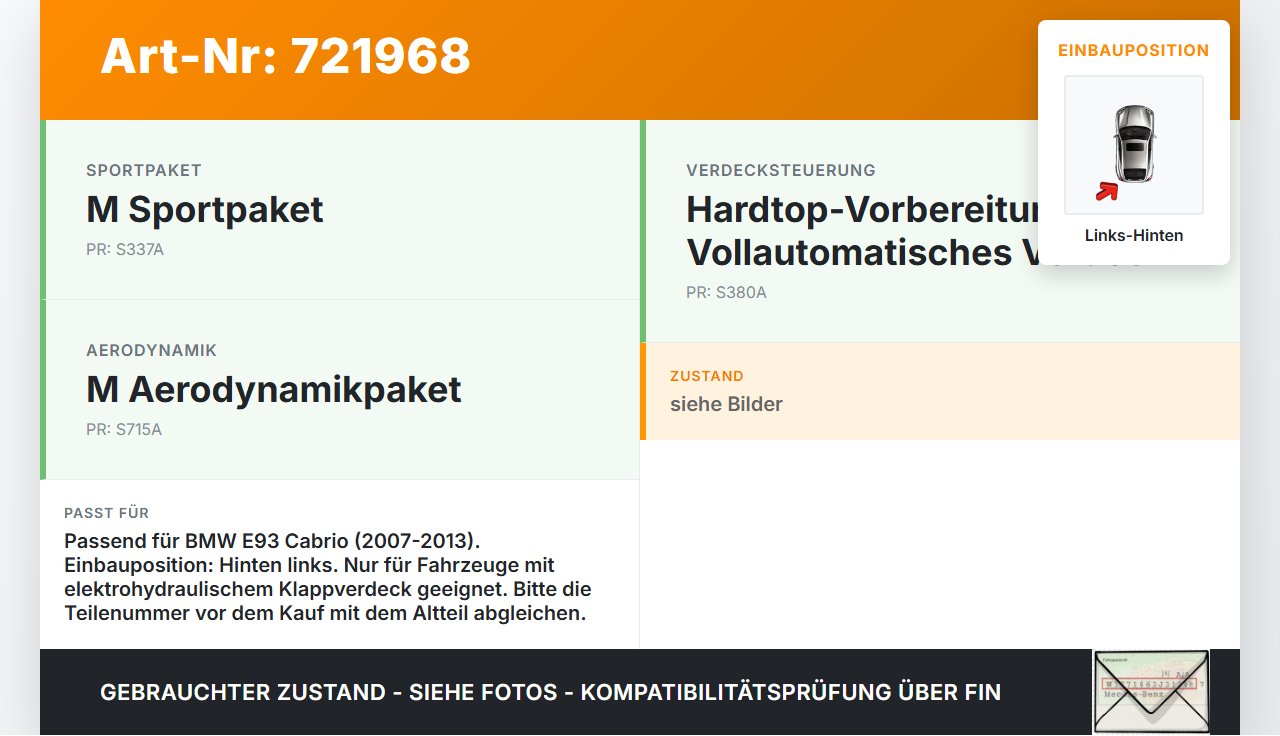 BMW E93 330I 07-13 Cabrio Zylinder Hydraulikzylinder Hydraulik für Verdeck Links Hinten BMW E93 330I 07-13... Vorschau 3